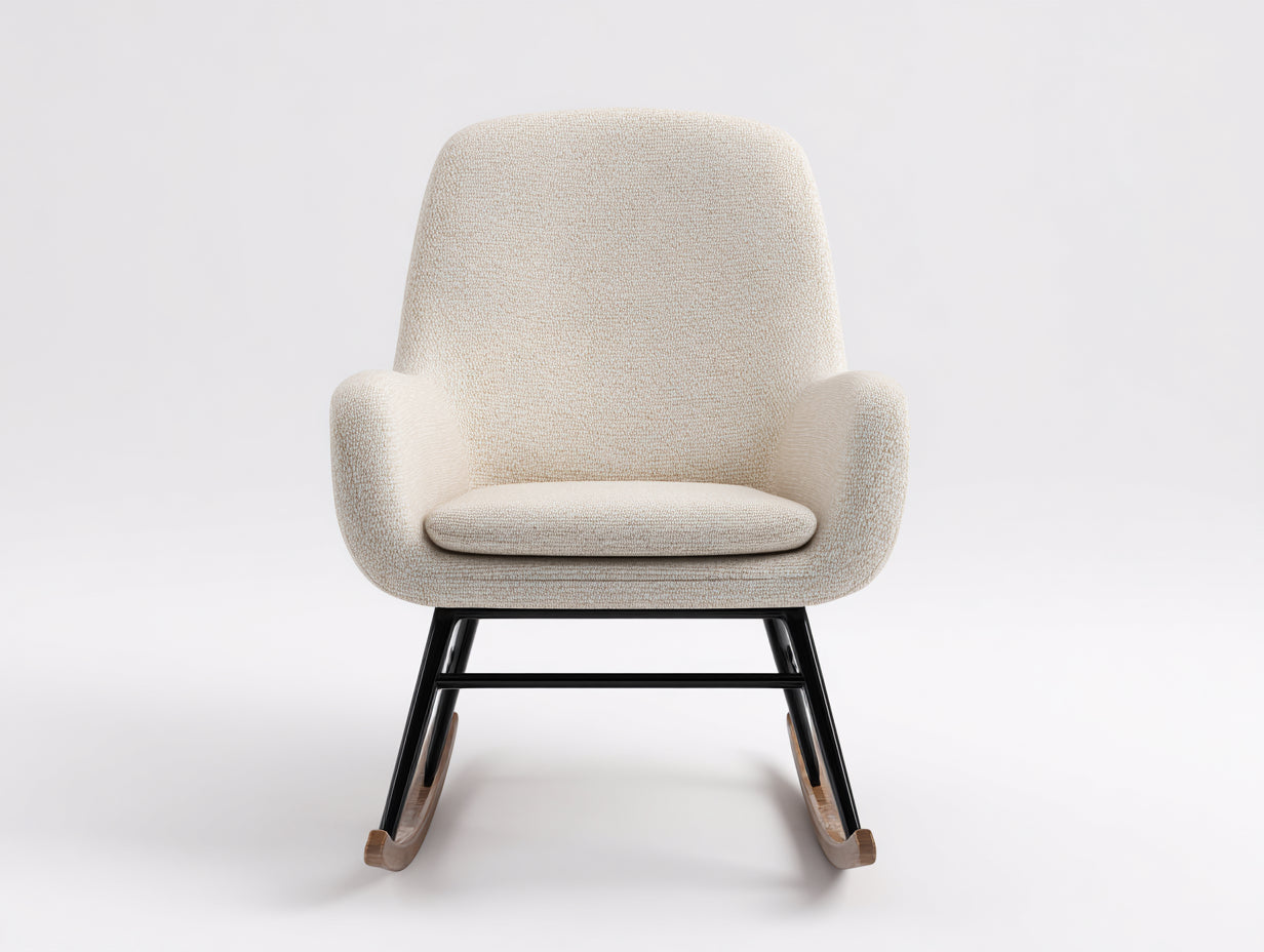 Fauteuil à bascule-tissu-métal-bois-77x84x90 cm-crème-noir-bois naturel-style minimaliste