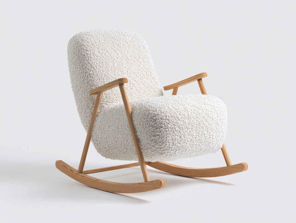 Fauteuil à bascule-tissu bouclé-bois-78x86x92 cm-blanc cassé-bois naturel-style nordique