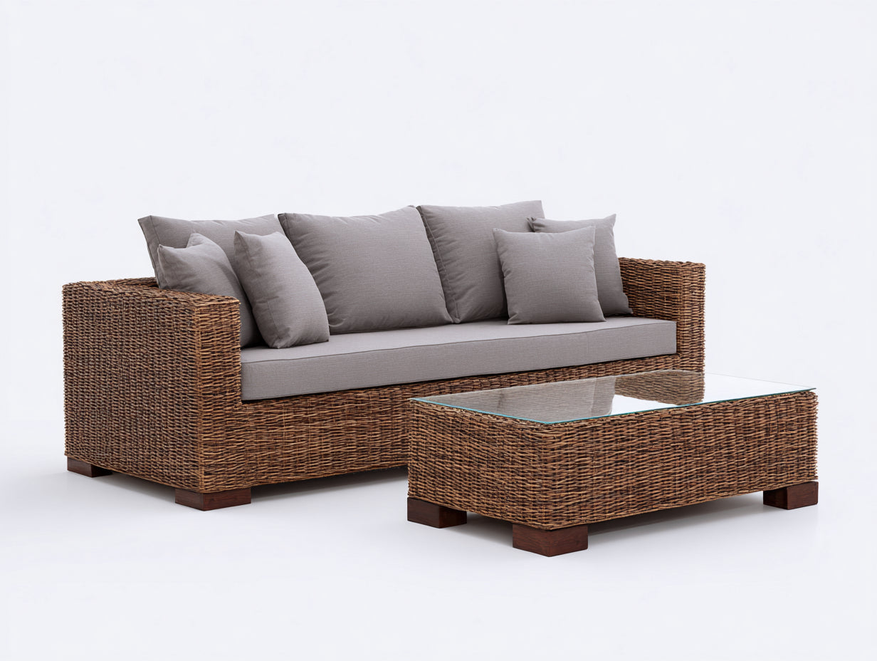 Canapé de jardin - résine tressée-verre-bois - 210x86x78 cm - naturel-gris - contemporain