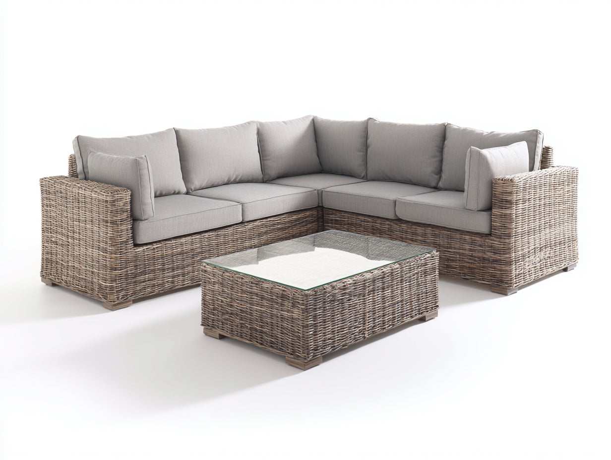 Canapé de jardin - résine tressée-verre-tissu - 248x248x82 cm - naturel-gris - contemporain