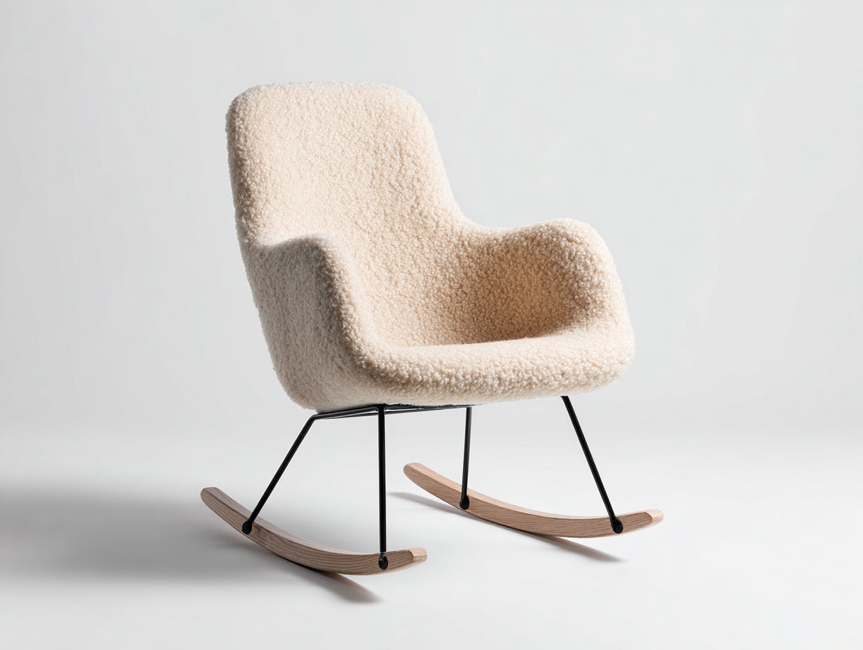 Fauteuil à bascule-tissu bouclé-métal-bois-78x85x93 cm-crème-noir-bois naturel-style moderne