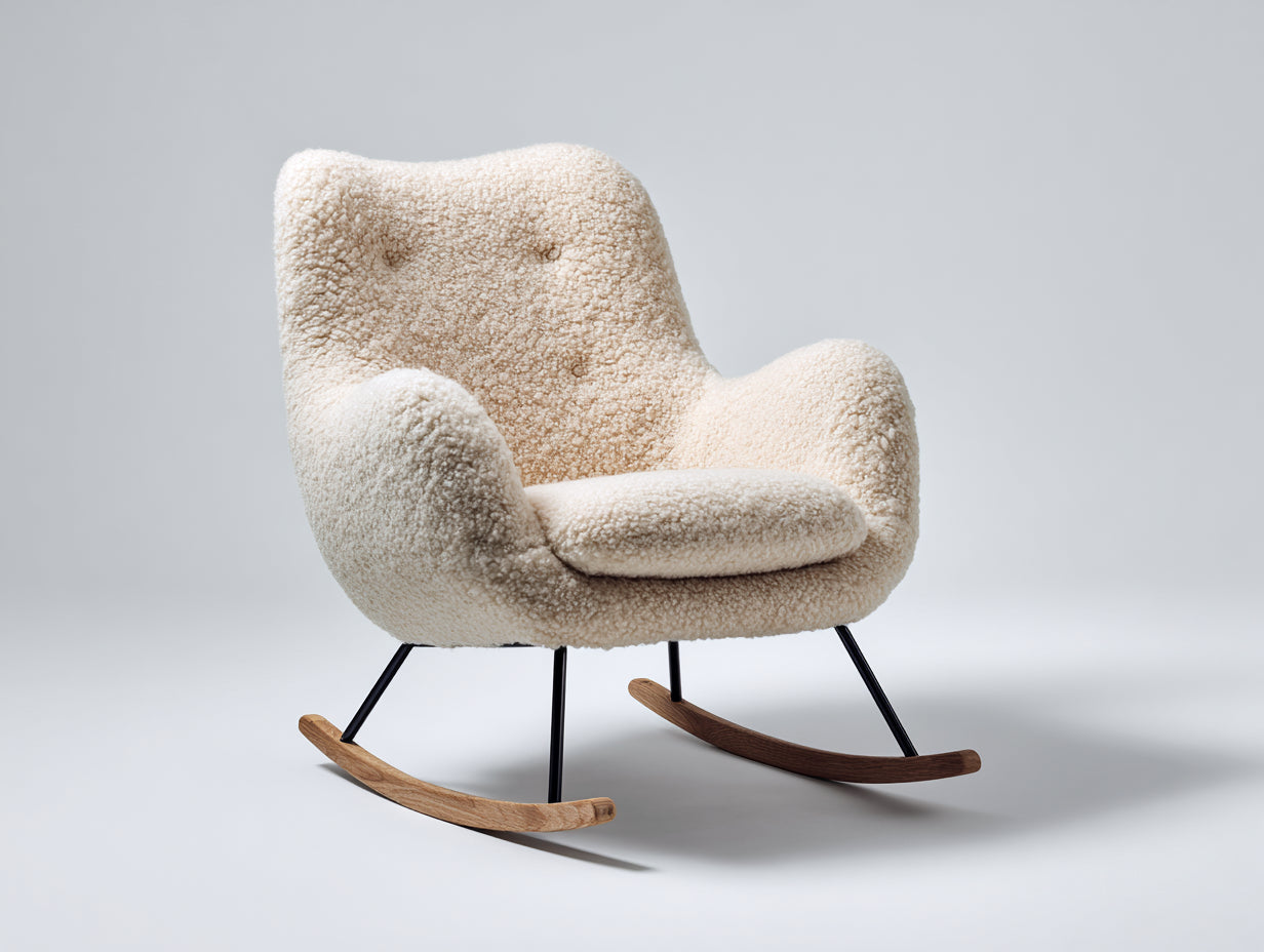 Fauteuil à bascule-tissu bouclé-métal-bois-82x88x92 cm-blanc cassé-noir-bois naturel-style rétro