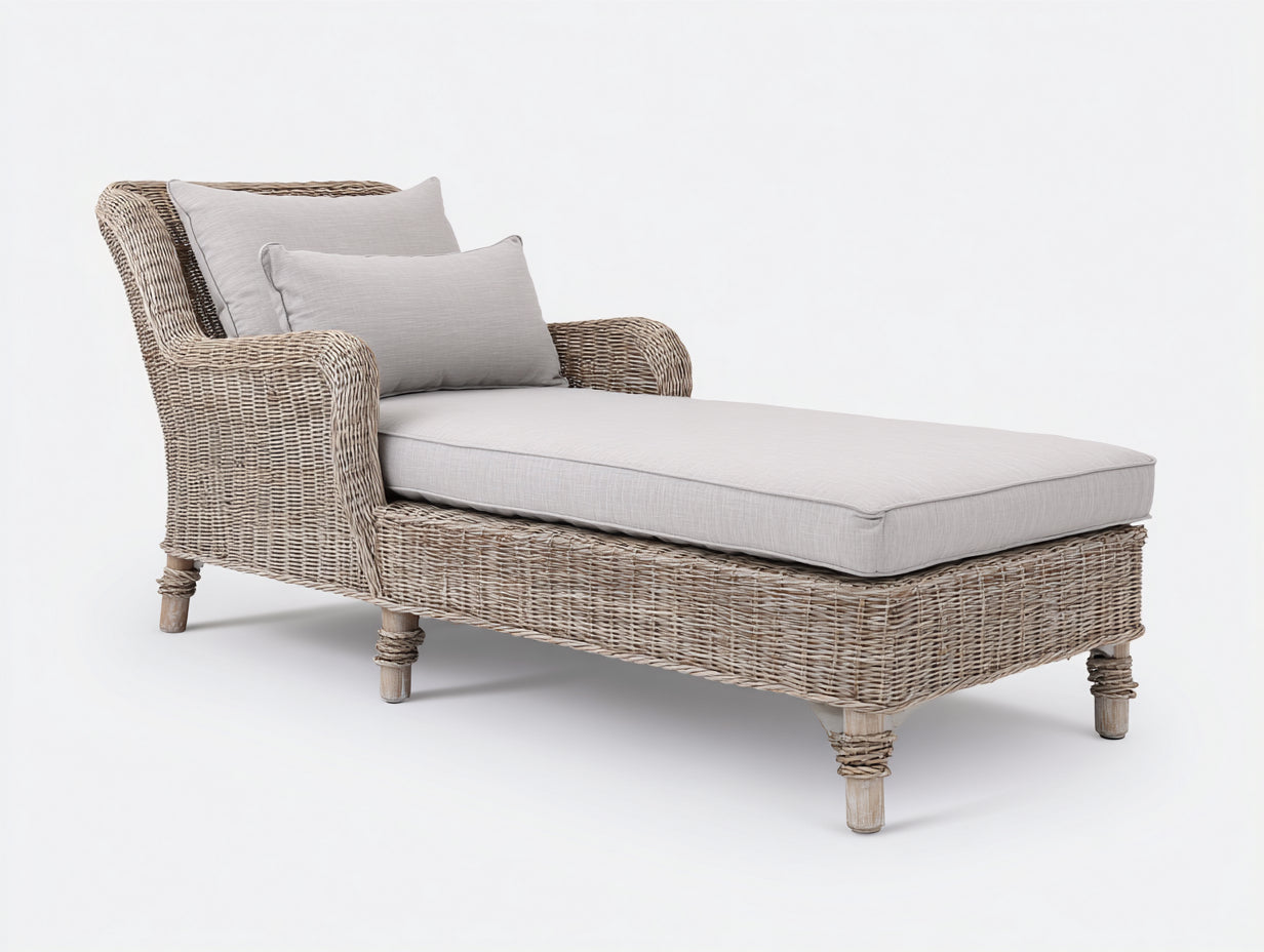 Bain de soleil - rotin - bois - 177x76x85 cm - naturel-gris clair - style campagne