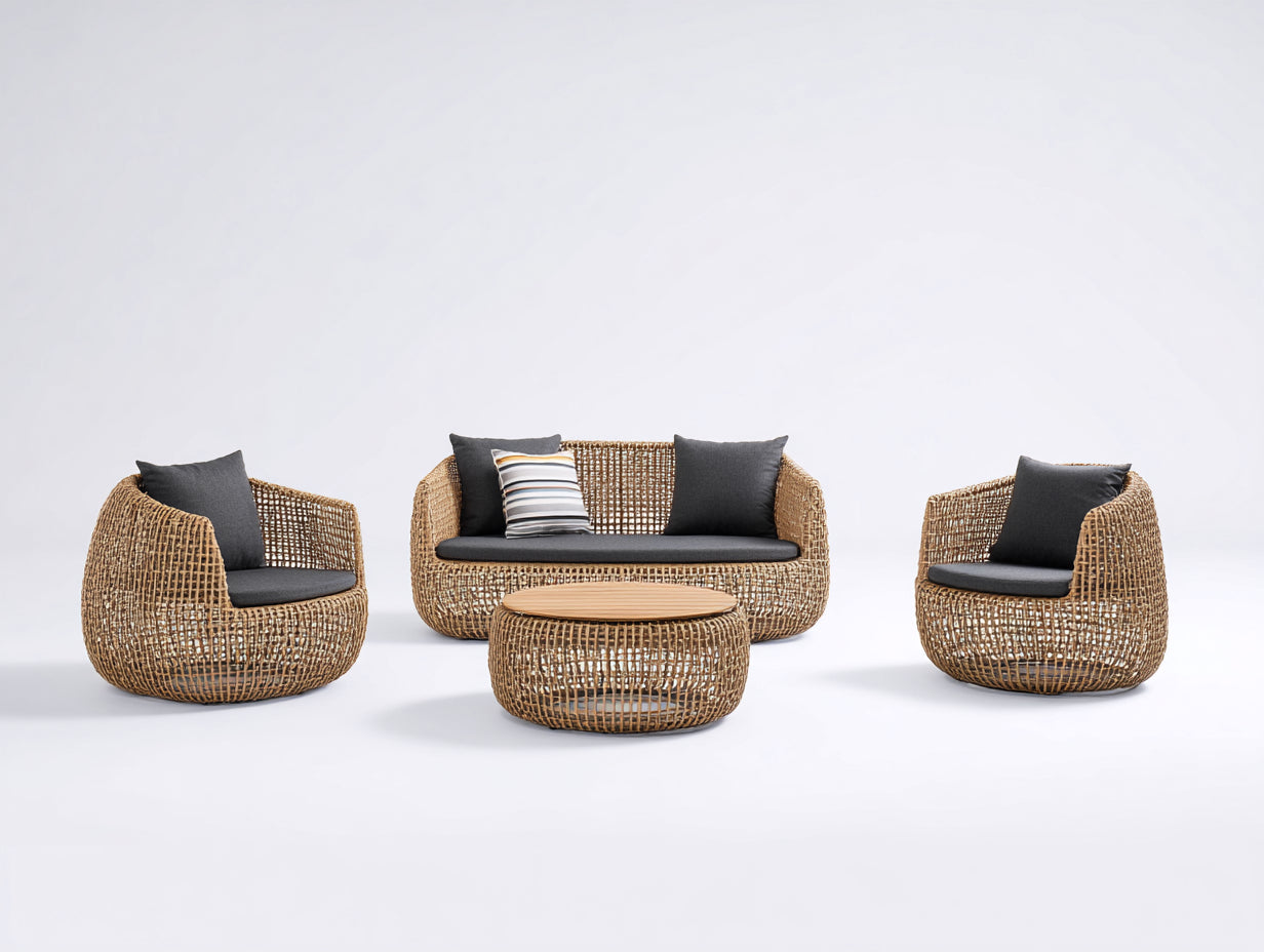 Canapé de jardin - résine tressée - 145x75x72 cm - naturel-noir - design arrondi