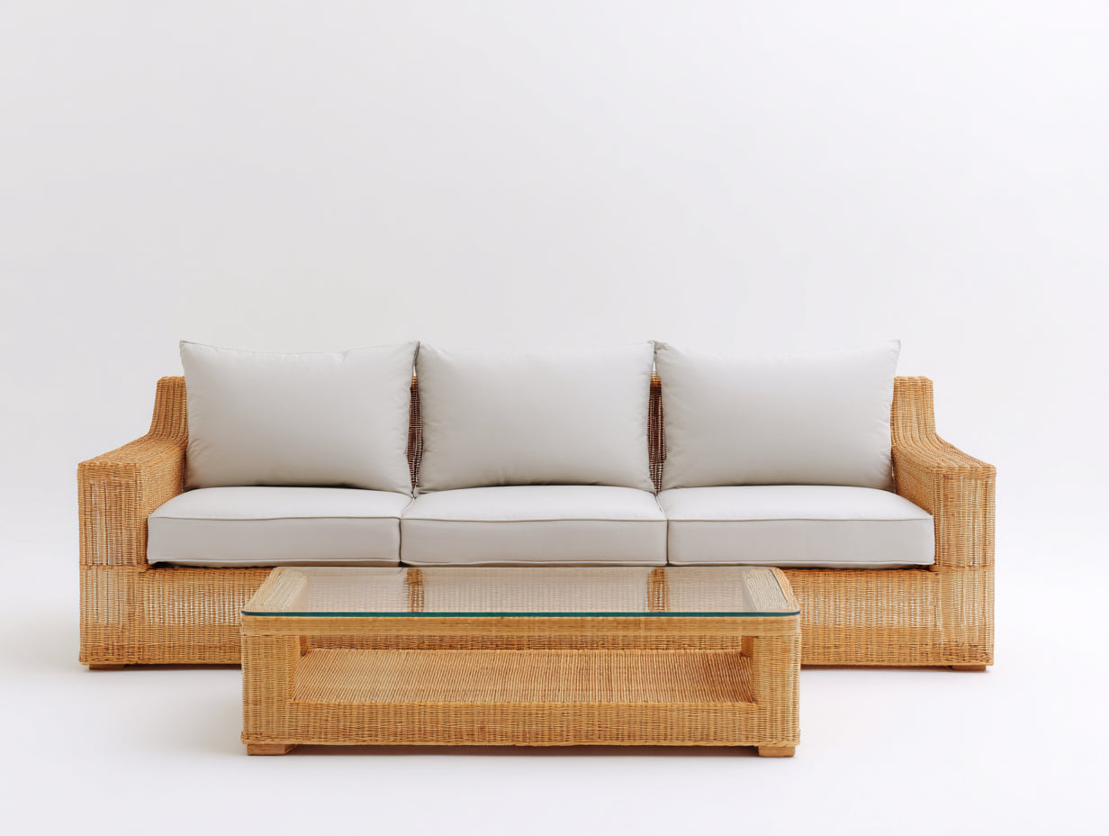 Canapé de jardin - résine tressée-verre-tissu - 218x86x78 cm - naturel-blanc - classique