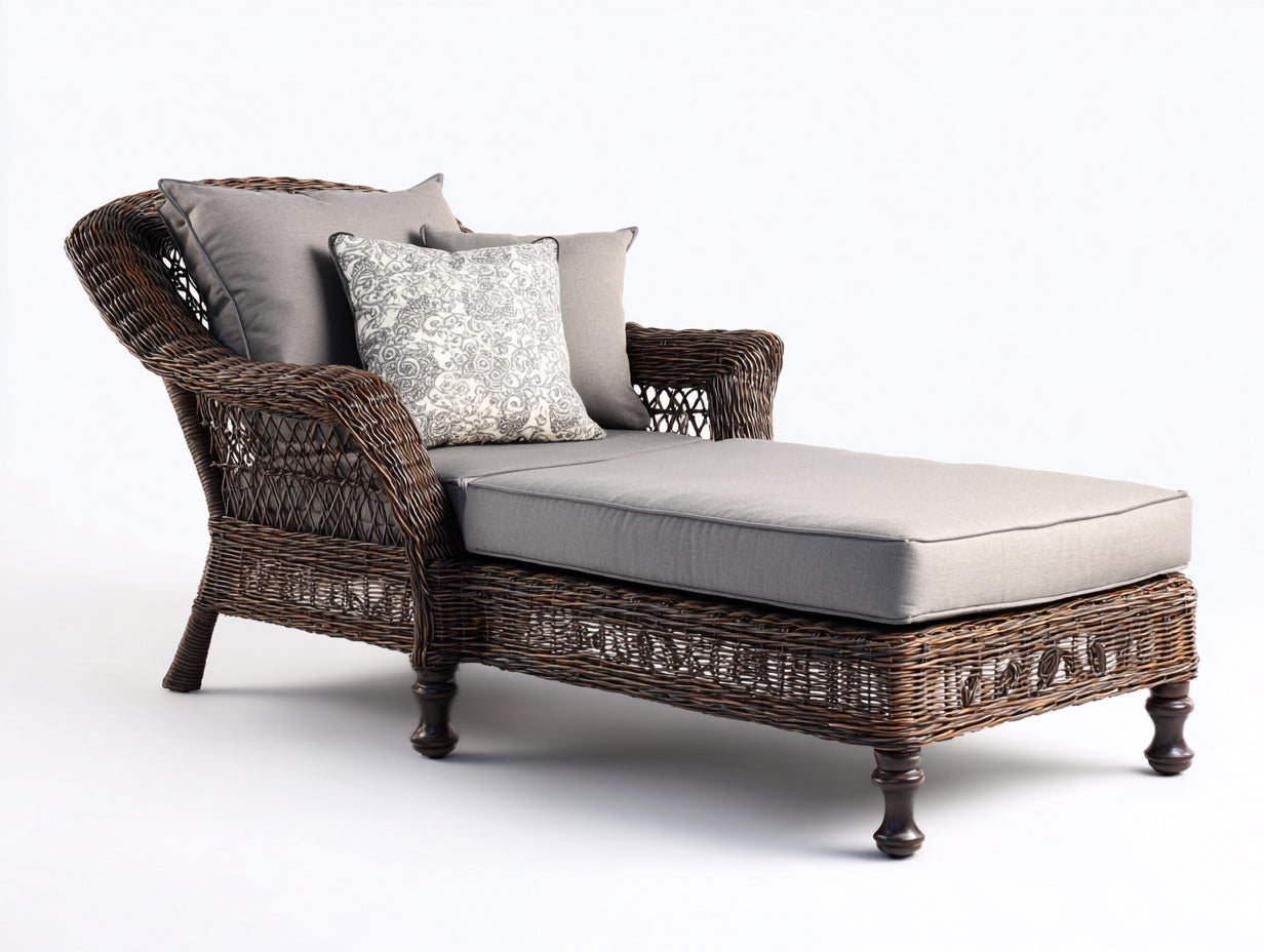 Bain de soleil - rotin - bois - 174x77x82 cm - brun-grège - style vintage