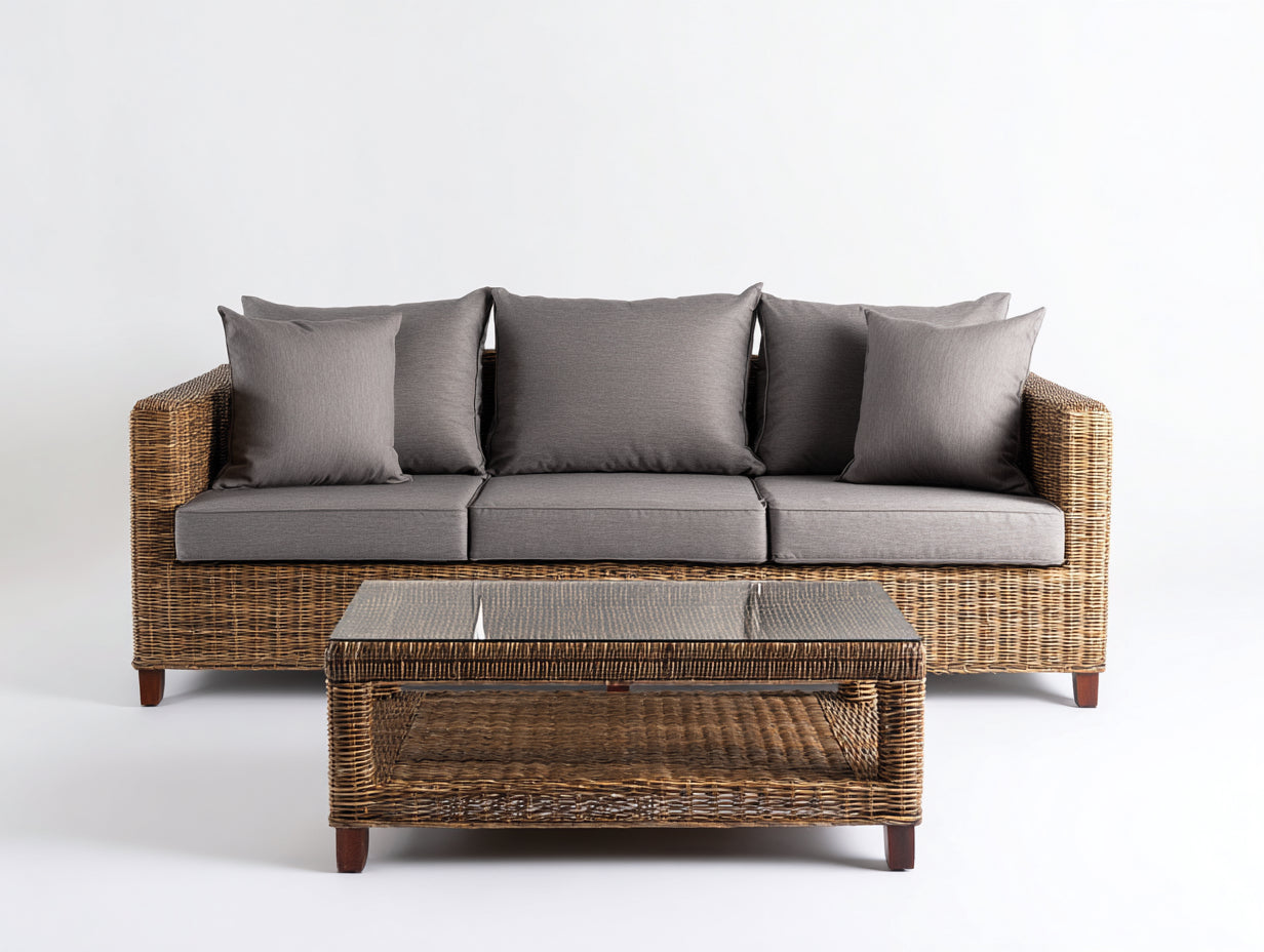 Canapé de jardin - résine tressée-verre-bois - 208x84x76 cm - naturel-gris - classique