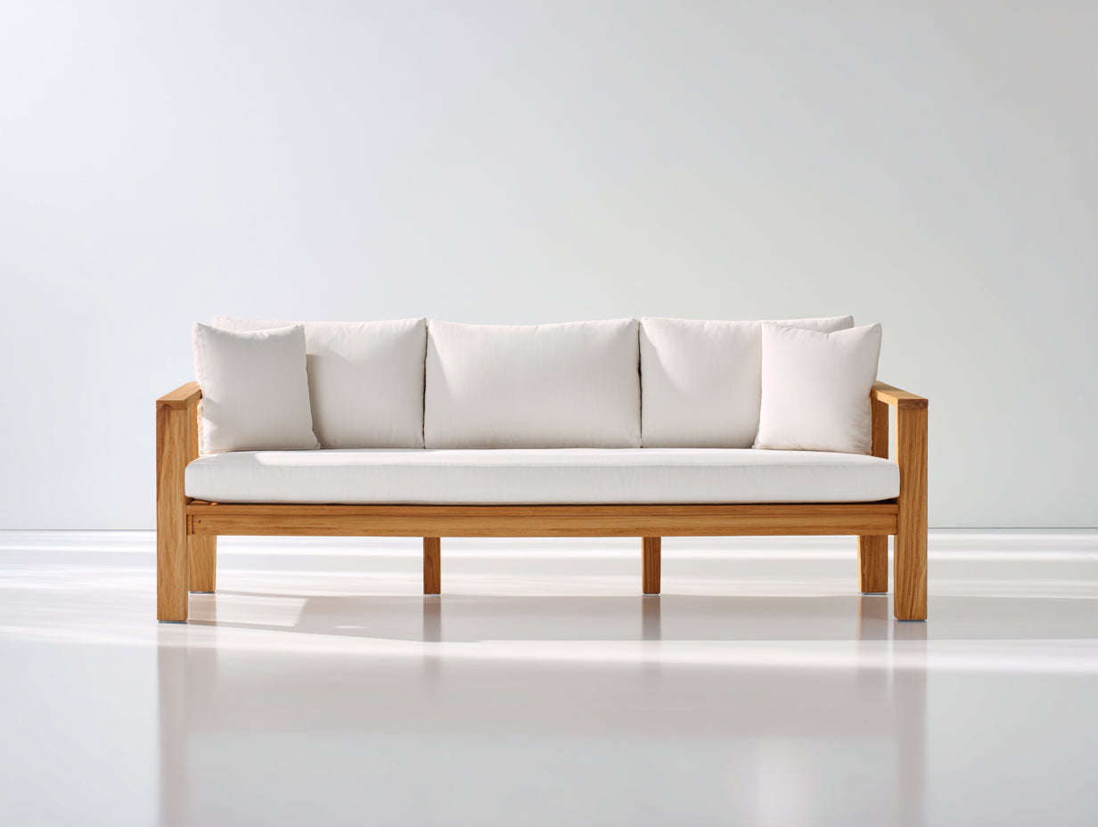 Canapé de jardin - bois-tissu - 205x78x74 cm - naturel-blanc - épuré