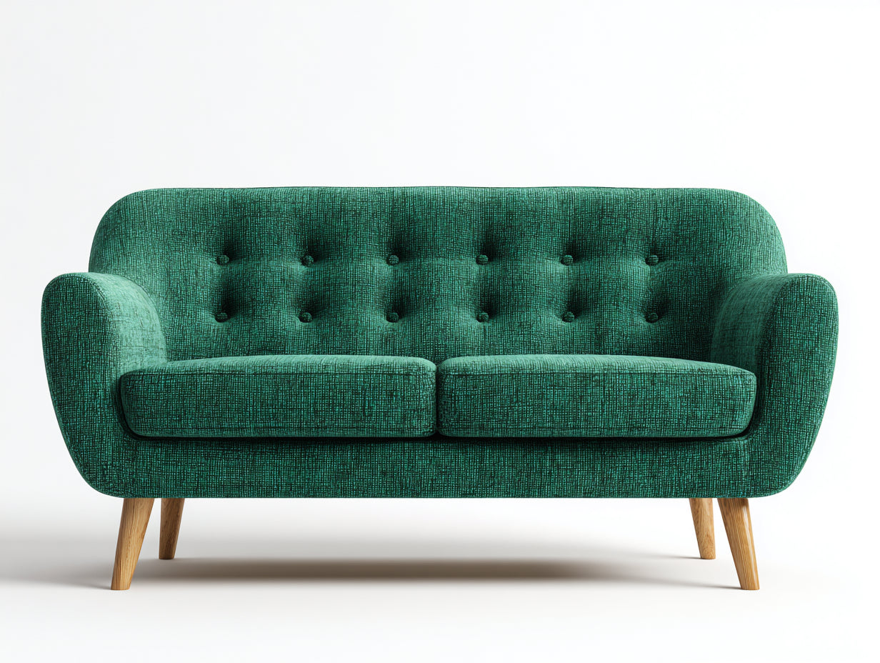 Canapé 2 places-tissu-bois-168x84x80 cm-vert canard-bois naturel-style rétro