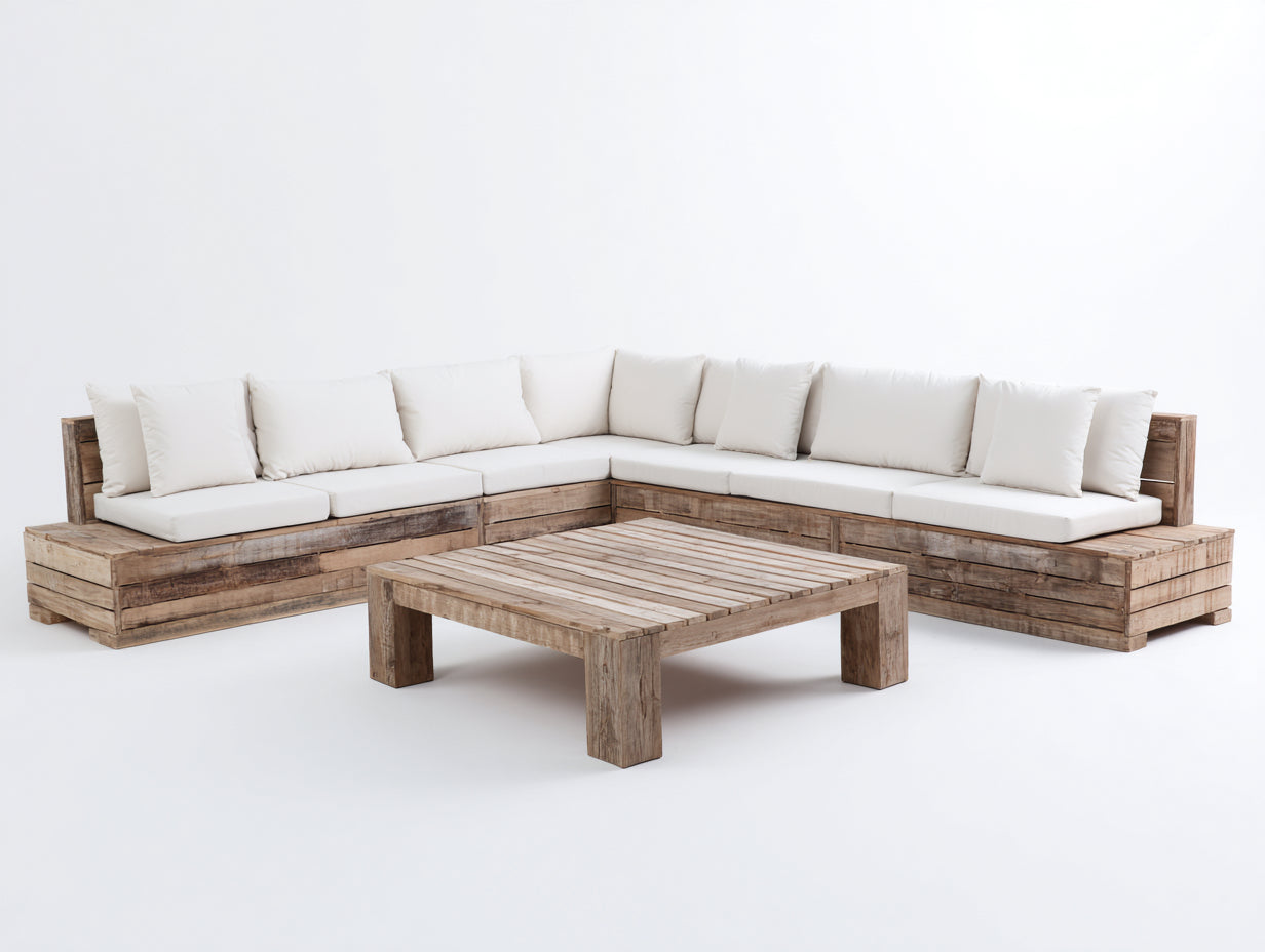 Canapé de jardin - bois-tissu - 285x285x74 cm - naturel-blanc - rustique