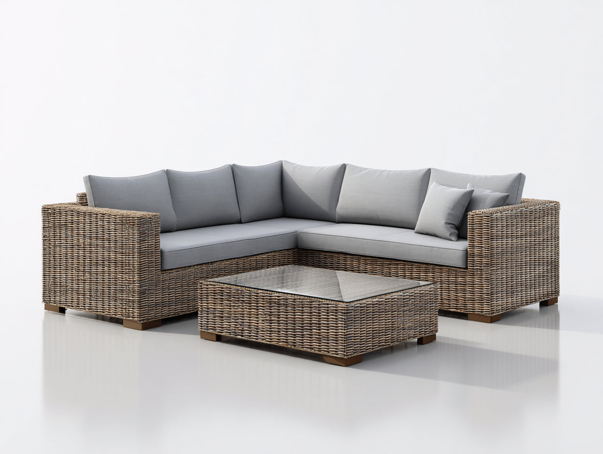 Canapé de jardin - résine tressée-verre-tissu - 252x252x81 cm - naturel-gris clair - minimaliste
